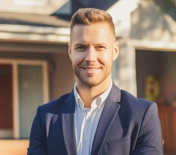 Smiling real estate agent in front of a house