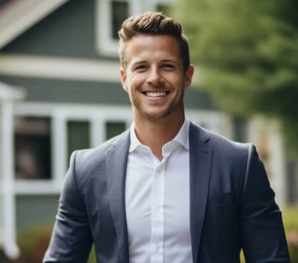 Smiling person in a suit standing outdoors near a house.