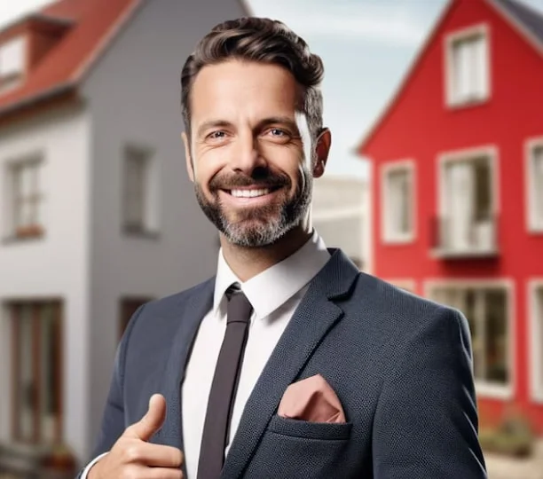 Smiling real estate agent in front of colorful houses